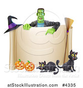 Vector Illustration of a Happy Frankenstein Pointing down at a Scroll Sign with a Witch Hat Cats a Broomstick and Halloween Pumpkins by AtStockIllustration
