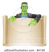 Vector Illustration of a Happy Frankenstein Pointing down to a Blank Scroll Sign or Invitation by AtStockIllustration