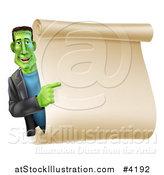 Vector Illustration of a Happy Frankenstein Pointing to a Blank Scroll Sign or Invitation by AtStockIllustration