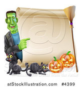 Vector Illustration of a Happy Frankenstein Pointing to a Scroll Sign with a Broomstick Black Cats and Halloween Pumpkins by AtStockIllustration