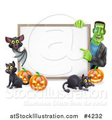 Vector Illustration of a Happy Frankenstein with a Vampire Bat Cats and Halloween Pumpkins Around a White Sign by AtStockIllustration