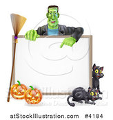 Vector Illustration of a Happy Frankenstein with Cats a Broomstick and Halloween Pumpkins Around a White Sign by AtStockIllustration