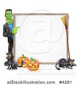 Vector Illustration of a Happy Frankenstein with Cats a Broomstick and Halloween Pumpkins Pointing to a White Board Sign by AtStockIllustration
