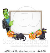 Vector Illustration of a Happy Frankenstein with Cats and Halloween Pumpkins Around a White Sign by AtStockIllustration