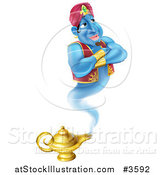 Vector Illustration of a Happy Genie Emerging from a Magic Lamp by AtStockIllustration
