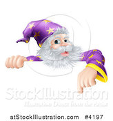 Vector Illustration of a Happy Gray Bearded Wizard Pointing down at a Sign by AtStockIllustration