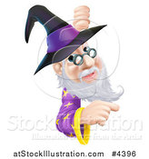 Vector Illustration of a Happy Gray Bearded Wizard Wearing Glasses and a Witch Style Hat, Pointing and Looking Around a Sign by AtStockIllustration