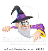 Vector Illustration of a Happy Gray Bearded Wizard with Glasses, Pointing down at a Sign by AtStockIllustration