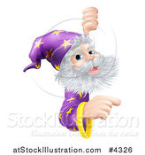 Vector Illustration of a Happy Gray Bearded Wizard with Pointing and Looking Around a Sign by AtStockIllustration