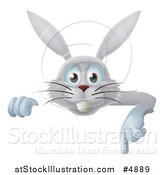 Vector Illustration of a Happy Gray Bunny Rabbit Pointing down over a Sign by AtStockIllustration