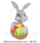 Vector Illustration of a Happy Gray Bunny with Easter Eggs and a Basket by AtStockIllustration