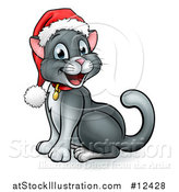 Vector Illustration of a Happy Gray Cat Wearing a Christmas Santa Hat by AtStockIllustration