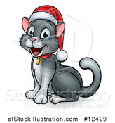 Vector Illustration of a Happy Gray Cat Wearing a Christmas Santa Hat by AtStockIllustration