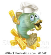 Vector Illustration of a Happy Green Chef Cod Fish Holding up a French Fry over Chips by AtStockIllustration