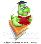 Vector Illustration of a Happy Green Professor or Graduate Earthworm Reading on Books by AtStockIllustration