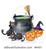 Vector Illustration of a Happy Halloween Cauldron with Black Cats a Broomstick and Jackolanterns by AtStockIllustration