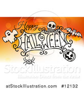 Vector Illustration of a Happy Halloween Greeting with a Ghost, Skull, Bat, Jackolantern and Spider over Gradient Orange by AtStockIllustration