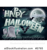 Vector Illustration of a Happy Halloween Greeting with Bats a Full Moon and Tombstones by AtStockIllustration