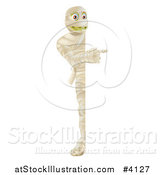 Vector Illustration of a Happy Halloween Mummy Looking Around and Pointing at a Sign by AtStockIllustration