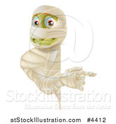 Vector Illustration of a Happy Halloween Mummy Looking Around and Pointing to a Sign by AtStockIllustration