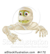 Vector Illustration of a Happy Halloween Mummy Pointing down at a Sign by AtStockIllustration
