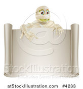 Vector Illustration of a Happy Halloween Mummy Pointing down to a Blank Scroll Sign by AtStockIllustration