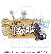Vector Illustration of a Happy Halloween Sign with a Witch Cat, Ghost, Skeleton and Mummy by AtStockIllustration