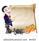 Vector Illustration of a Happy Halloween Vampire Pointing to a Scroll Sign with Black Cats Pumpkins and a Broomstick by AtStockIllustration