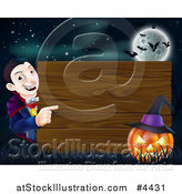 Vector Illustration of a Happy Halloween Vampire Pointing to a Wooden Sign with a Jackolantern Under a Full Moon with Bats by AtStockIllustration