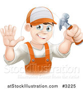 Vector Illustration of a Happy Handy Man Holding a Hammer and Waving by AtStockIllustration
