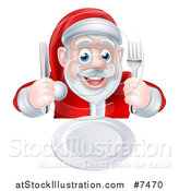 Vector Illustration of a Happy Hungry Christmas Santa Claus Sitting with a Clean Plate and Holding Silverware by AtStockIllustration