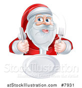 Vector Illustration of a Happy Hungry Christmas Santa Claus Sitting with a Clean Plate and Holding Silverware by AtStockIllustration