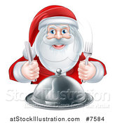 Vector Illustration of a Happy Hungry Christmas Santa Claus Sitting with a Cloche Platter and Holding Silverware by AtStockIllustration