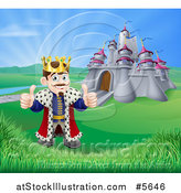 Vector Illustration of a Happy King Holding Two Thumbs up in Front of His Castle by AtStockIllustration