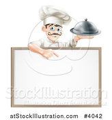 Vector Illustration of a Happy Male Chef Holding a Platter and Pointing down at a White Board by AtStockIllustration