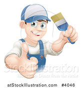 Vector Illustration of a Happy Male House Painter Holding a Brush and a Thumb up by AtStockIllustration