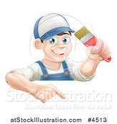 Vector Illustration of a Happy Male House Painter Holding a Brush and Pointing down to a Sign by AtStockIllustration