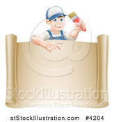 Vector Illustration of a Happy Male House Painter Holding a Brush and Pointing over a Scroll Sign by AtStockIllustration