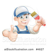 Vector Illustration of a Happy Male Painter Holding a Thumb up and a Brush over a Sign by AtStockIllustration