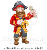 Vector Illustration of a Happy Male Pirate Captain Holding a Treasure Map and Pointing by AtStockIllustration