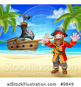 Vector Illustration of a Happy Male Pirate Captain Holding a Treasure Map and Waving on a Tropical Beach, with a Ship in the Background by AtStockIllustration