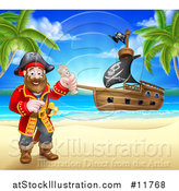 Vector Illustration of a Happy Male Pirate Captain Holding a Treasure Map on a Tropical Beach, with a Ship in the Background by AtStockIllustration