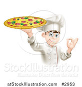 Vector Illustration of a Happy Male Pizza Chef Gesturing Ok and Holding up a Pie by AtStockIllustration