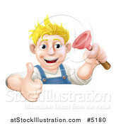 Vector Illustration of a Happy Male Plumber Holding a Thumb up and Plunger over a Sign by AtStockIllustration