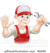 Vector Illustration of a Happy Male Plumber Waving and Holding a Wrench by AtStockIllustration