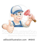 Vector Illustration of a Happy Male Plumber Wearing a Hat, Holding a Thumb up and Plunger by AtStockIllustration