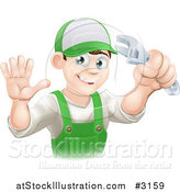 Vector Illustration of a Happy Male Worker Waving and Holding a Wrench by AtStockIllustration