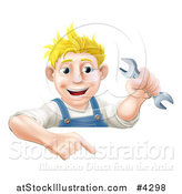 Vector Illustration of a Happy Mechanic Man Holding a Wrench and Pointing down to a Sign by AtStockIllustration