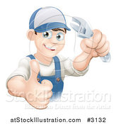 Vector Illustration of a Happy Mechanic Plumber or Handy Man Holding a Thumb up and a Wrench by AtStockIllustration