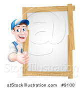 Vector Illustration of a Happy Middle Aged Brunette Caucasian Handy Man in Blue, Wearing a Baseball Cap, Giving a Thumb up Around a Wood Framed Sign by AtStockIllustration